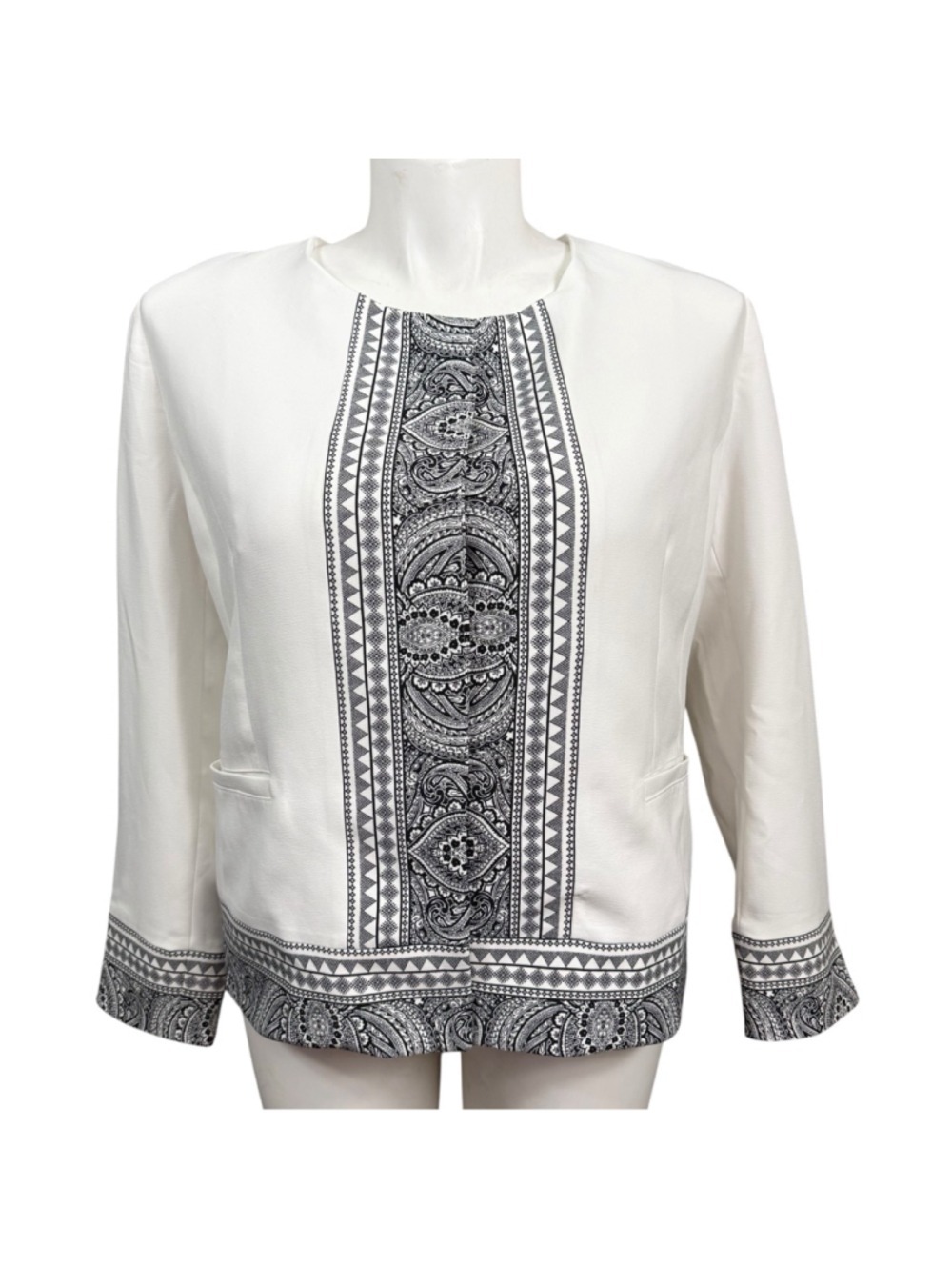 Chico's White Black Paisley Print Jacket Blazer Size 12/14
